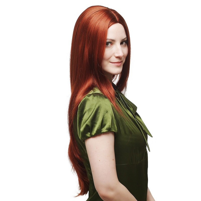 Lady women wig layered very long straight middle parting dark copperr red 3217