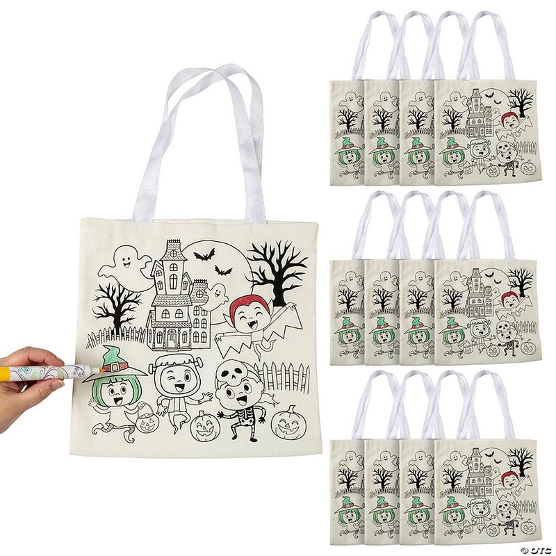 12 x 12 Medium Color Your Own Halloween Polyester Tote Bags – 12 Pc.