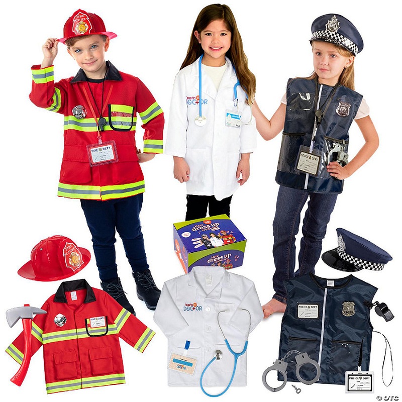 Born Toys Premium 16pcs Costume Dress up Set for Kids Ages 3-7 Fireman, Police Costume, and Doctor