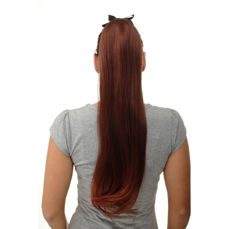 Hairpiece Ponytail comb ribbon wrap-around long straight mahogany red mix D13001