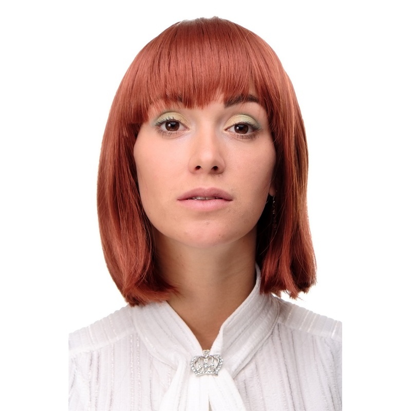 Lady women wig short straight Long Bob fringe bangs copper red 7803