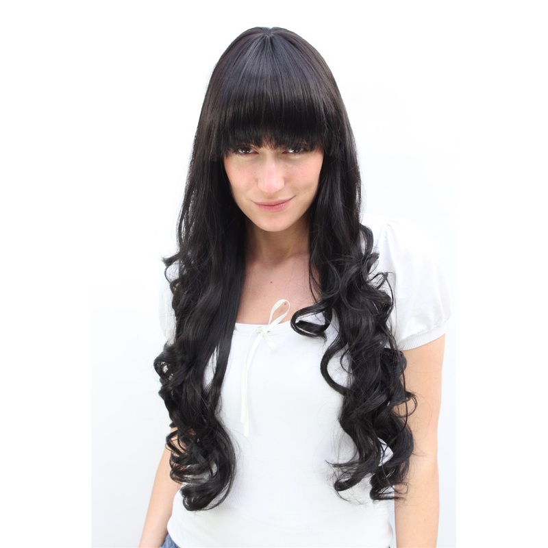 Lady wig very long straight with curled wavy tips bangs fringe off black 3116