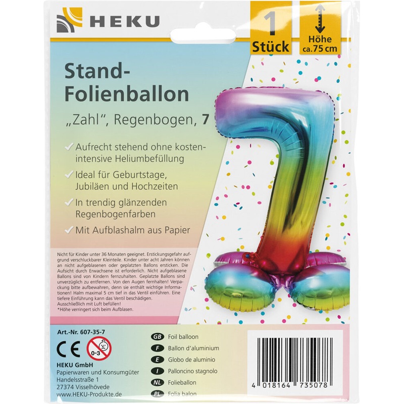 Stand Folienballon Regenbogen Zahl 7 75cm