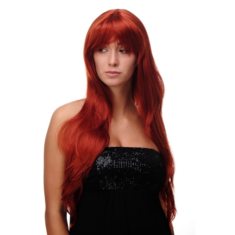 Lady women wig very long fringe can part to side straight dark red 3111