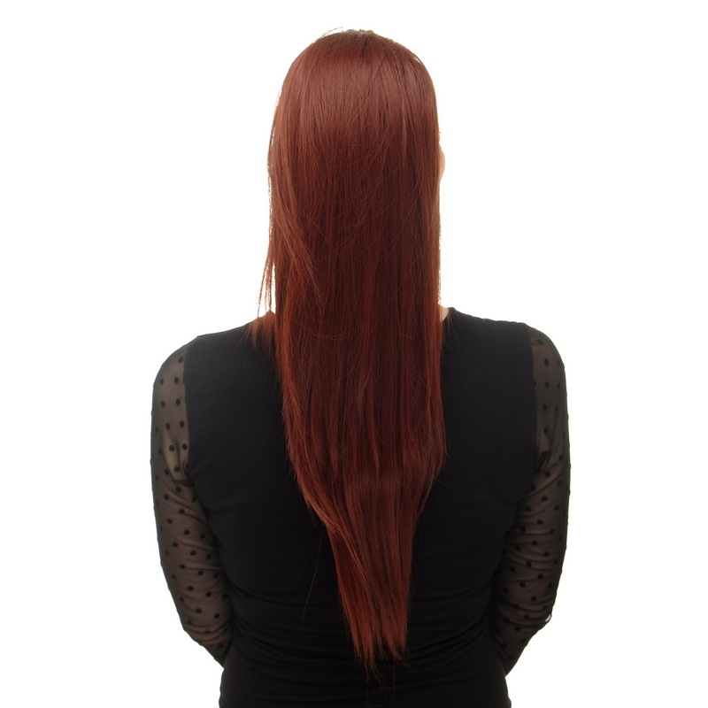Ponytail clamp combs string straight voluminous very long dark auburn red WK06