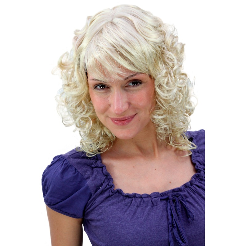 Cute Lady Wig Romantic Curls fringe parted shoulder length bright blonde MC008-202