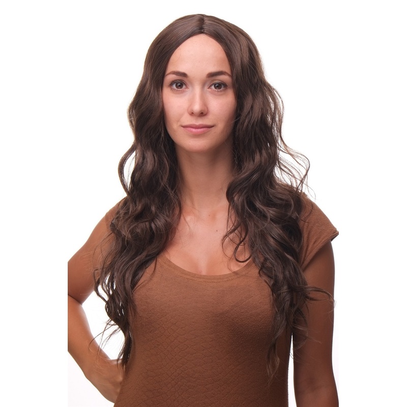 Lady wig 60s natural Hippie middle-parting long brown slightly wavy YZF-4072