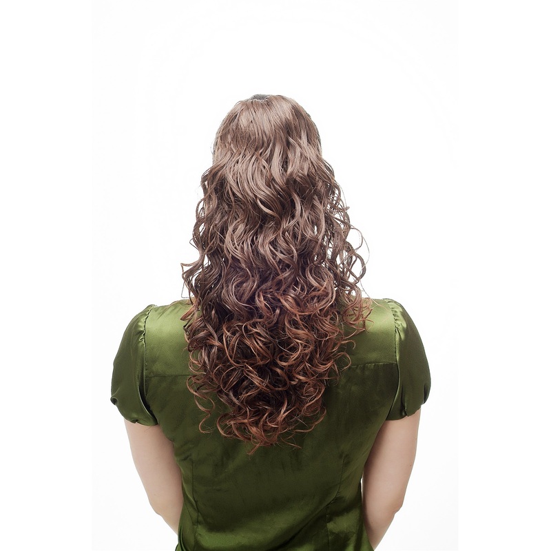 Hairpiece Ponytail combs & draw string long curls curled chestnut brown mix NC002-2T30