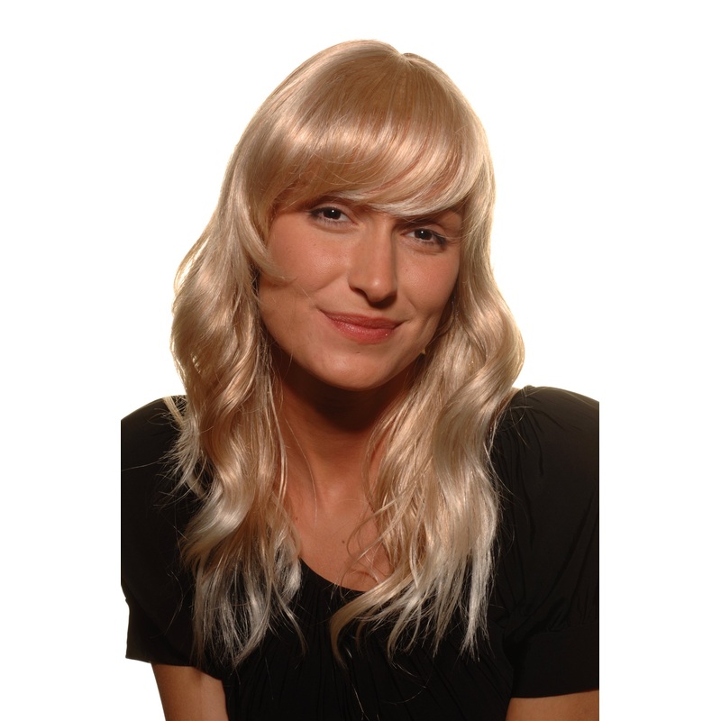 Lady women wig wavy slightly stringy wet look fringe bangs parted blond mix 5019