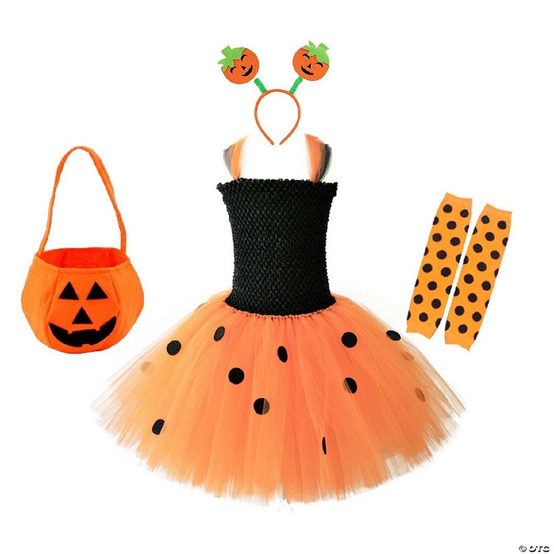 Mykids-Usa – Children’S Halloween Pumpkin Tutu Dress With 3-Piece Jewelry Set – Black – Kids L (120-130)