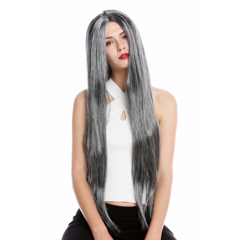 Lady Man Halloween wig extremely long straight middle parting black gray mixTH46