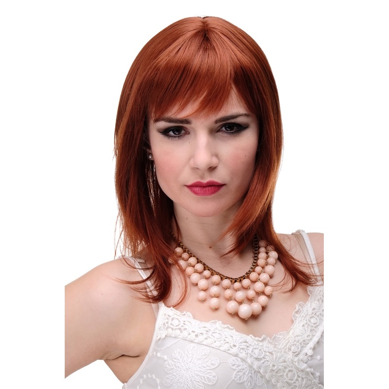 Lady wig medium length fringe parted to side straight layered copper red 3003