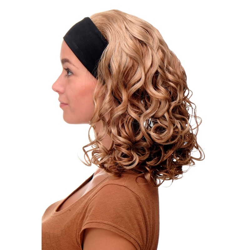 Lady wig on black head band medium long voluminous curled brunette blond BRO-704