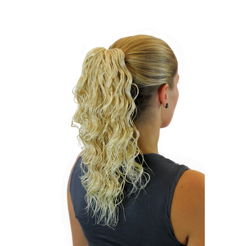 Ponytail Hairpiece extension medium length waved wavy blond platinum highlights JL-4005