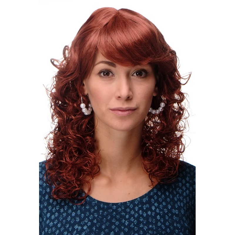 Cute Lady Wig Romantic Curls fringe parted shoulder length copper red MC008-130