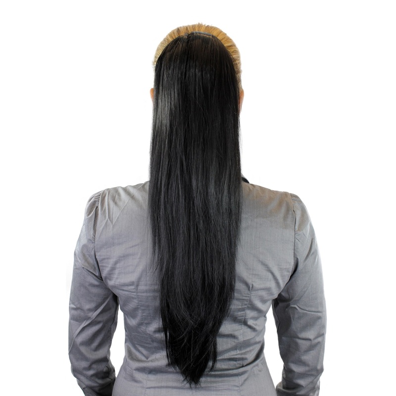 Hairpiece Ponytail clamp & draw string straight volume long black WK06-1B