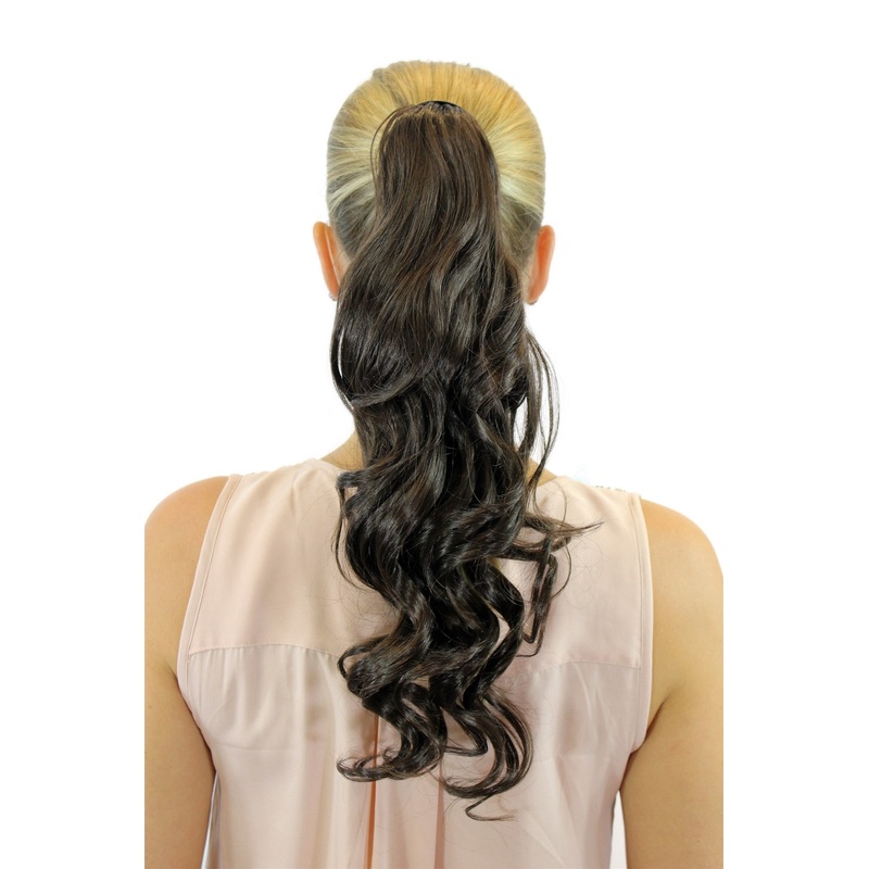 Hairpiece Ponytail comb snapwrap long wavy slightly curled medium brown ROSY-10