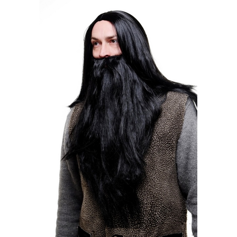 Party Halloween Long Beard & Wig set Black Wizard Biker Barbarian PW0210-P103