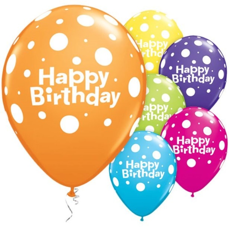 6 Happy Birthday latex balloons dotted multicolored 28cm