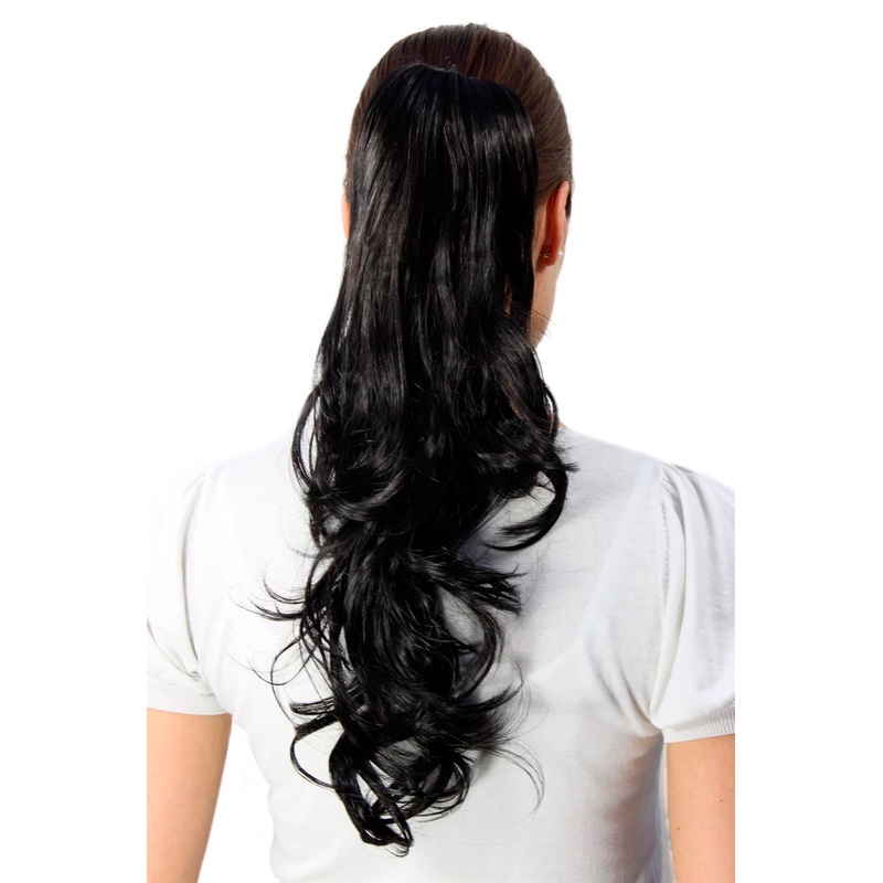 Hairpiece Ponytail long wavy off black extension butterfly clamp T148M-2