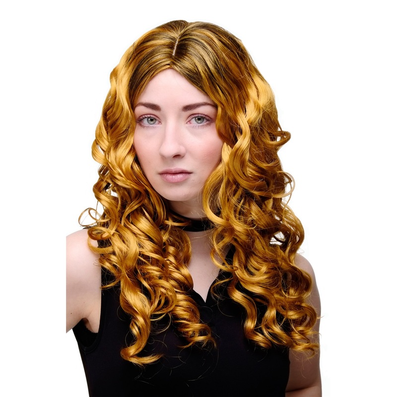 Lady wig long black bronze baroque corkscrew spiral curls middle parting GFW1682
