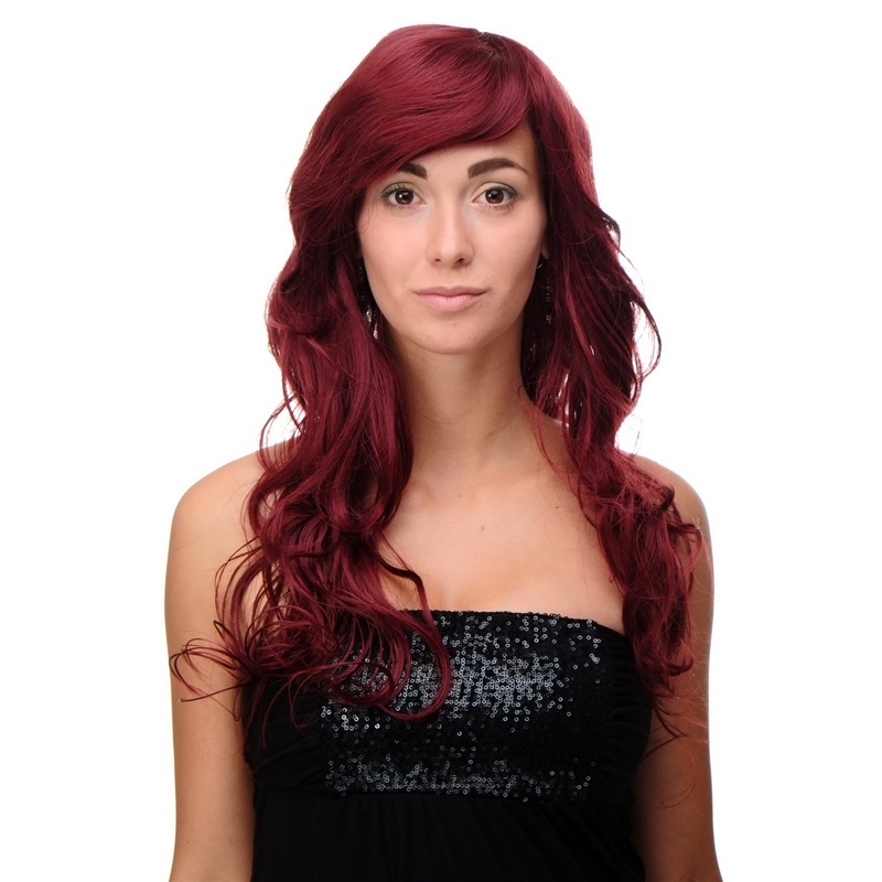 Lady women wig very long wavy curly tips wet-look side parting garnet red 9669EL