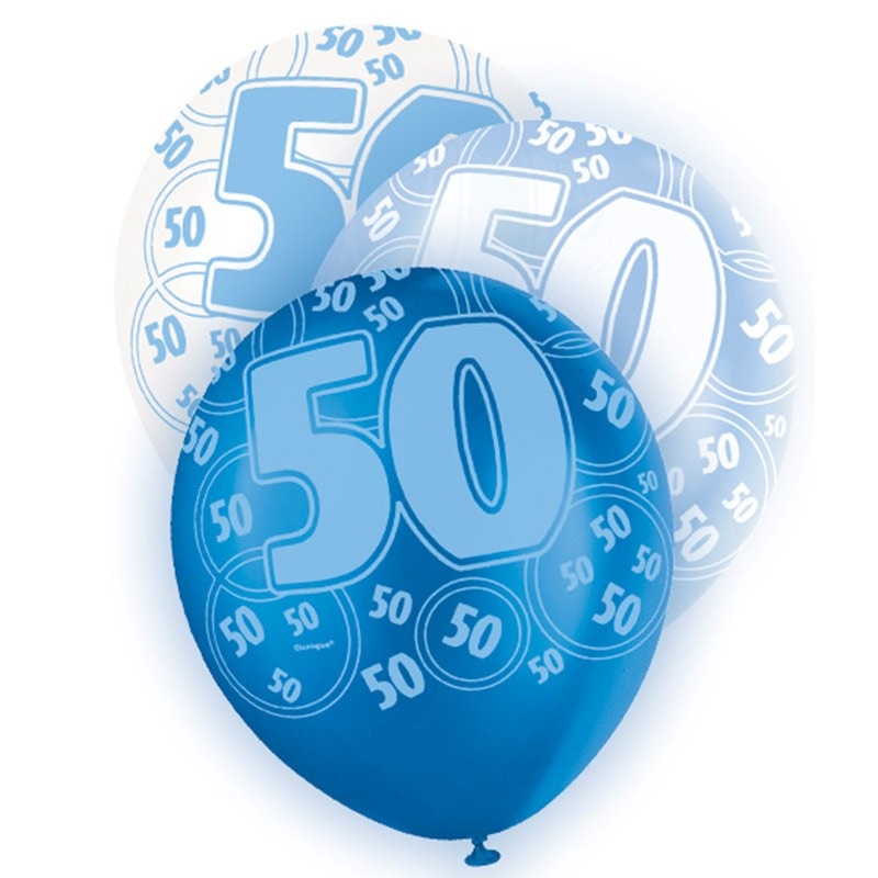 Mix of 6 50th birthday balloons blue 30cm