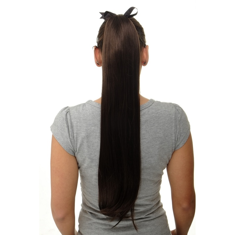 Hairpiece Ponytail comb ribbon wrap-around long straight ash brown D13001
