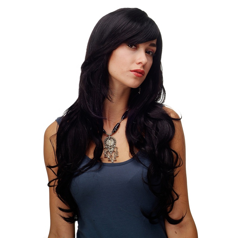 Lady women wig very long wavy fringe for side parting black & grey gray 9204S