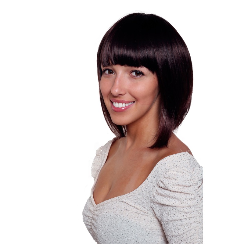 Lady Wig Bob long curved sides mahogany brown mix straight bangs fringe XW306