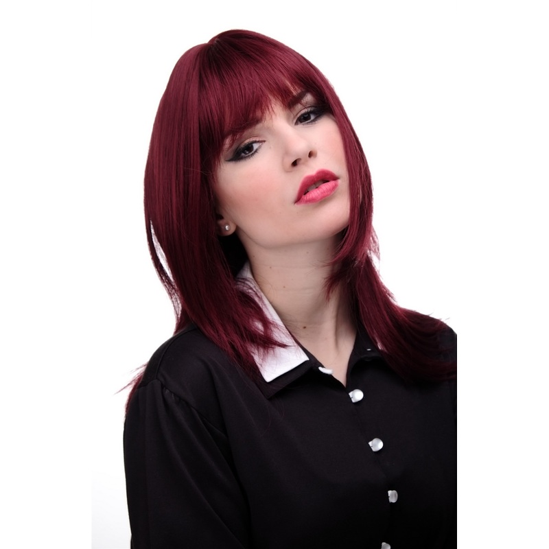 Lady wig medium length fringe parted to side straight layered garnet red 3003