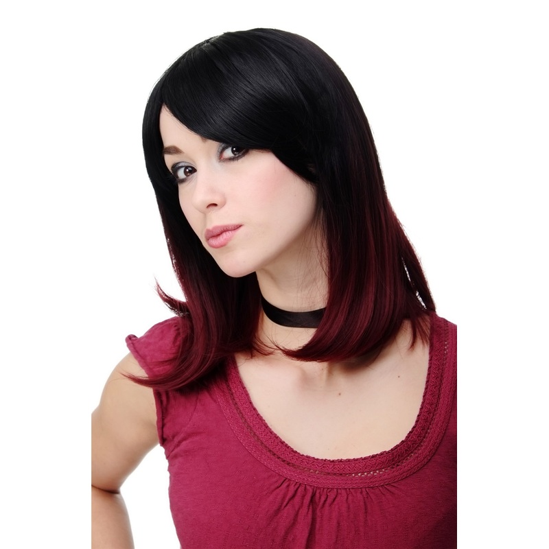 Lady Wig shoulder length longbob Ombre black & red straight parting fringe H9705