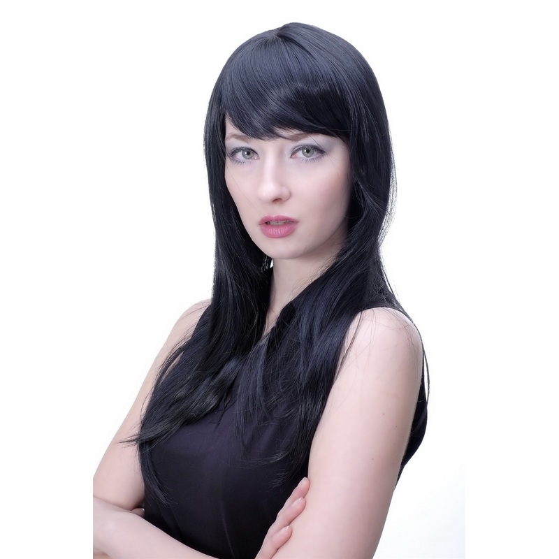 Lady women wig medium long straight sleek fringe bangs off black Goth Emo 3280