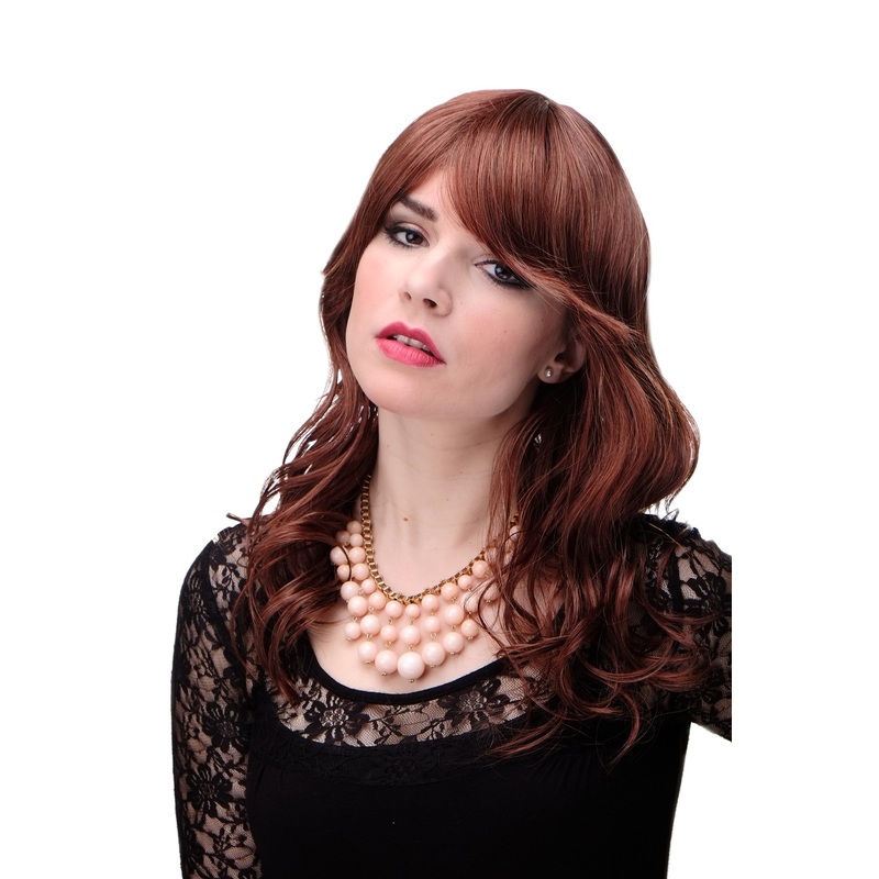 Lady women wig wavy stringy wet look fringe bangs parted mahogany red mix 5019