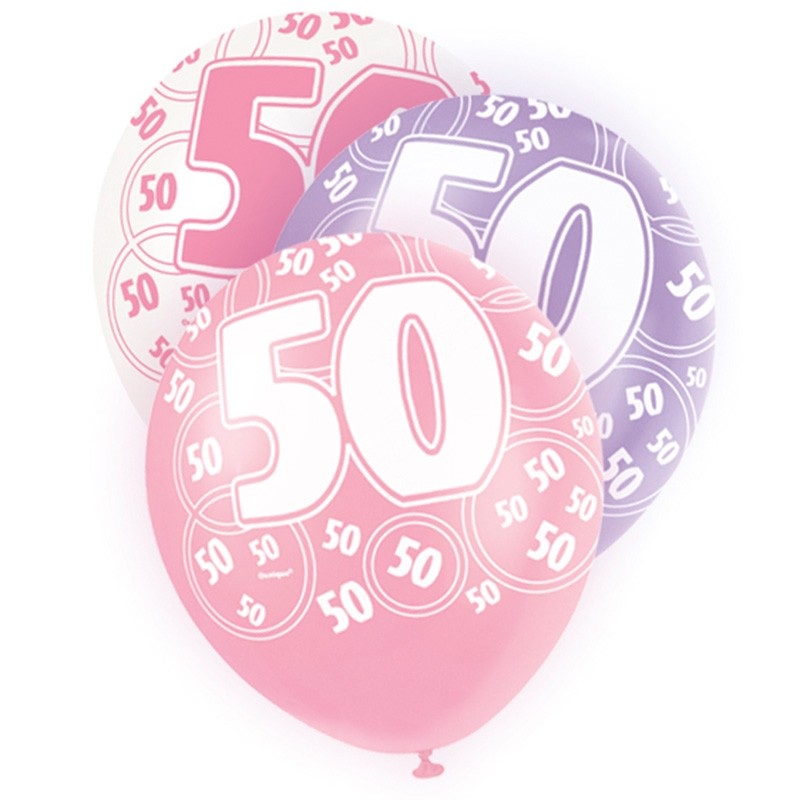 Mix of 6 50th birthday balloons pink 30cm