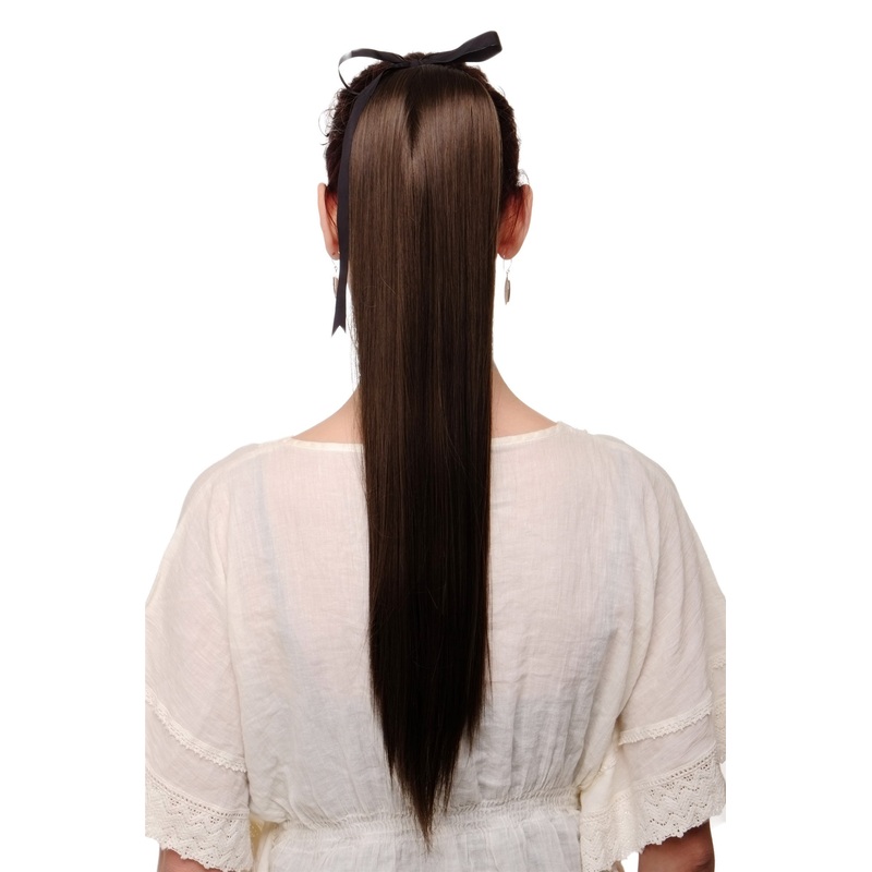 Ponytail comb & ribbon wrap-around hair extension long straight ash brown C9429