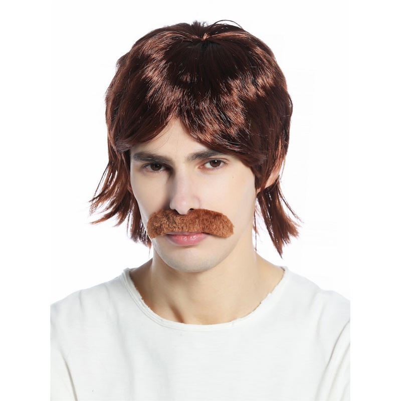 Halloween Carnival wig mustache set 70s cop retro mullet mahogany brown CW-016