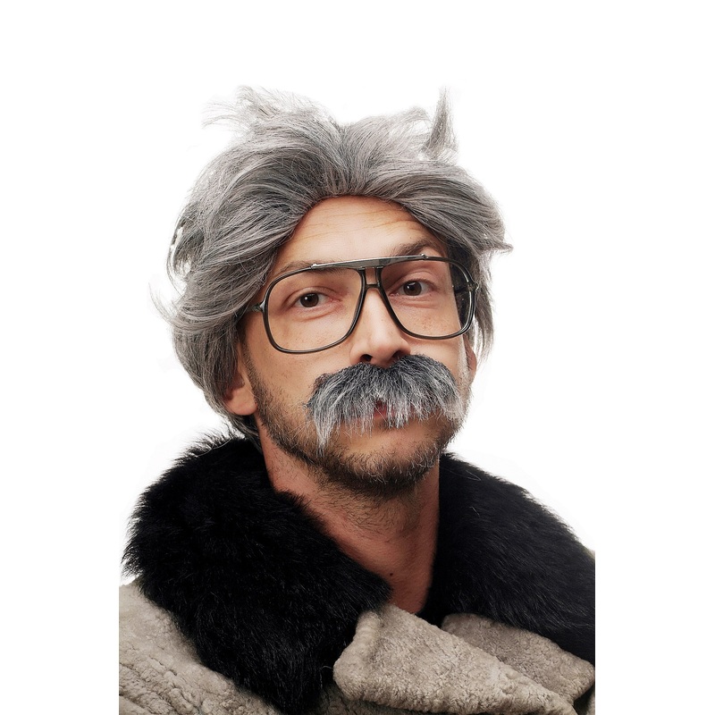 Halloween Wig & Mustache Grandpa Grampa Old Professor Mad Scientist grey 4129
