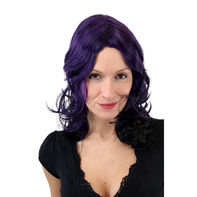Lady wig black with purple curled tips shoulder length middle parting GFW1039