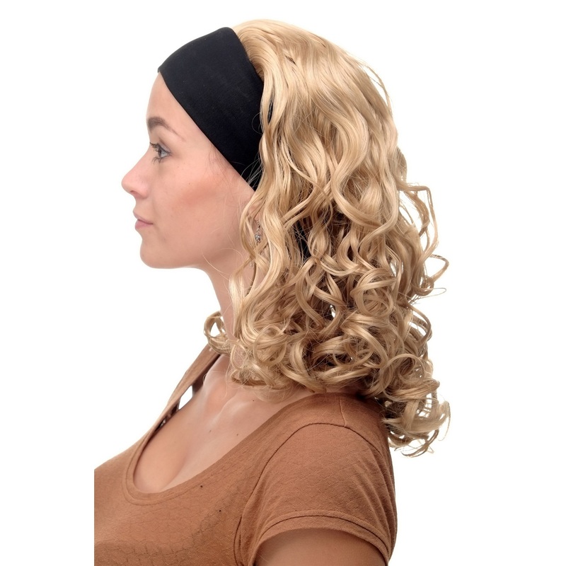 Lady wig on black head band medium long voluminous curled middle blond BRO-704