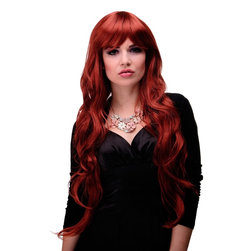 Lady women wig extremely long volume layered finge bangs dark red 6311