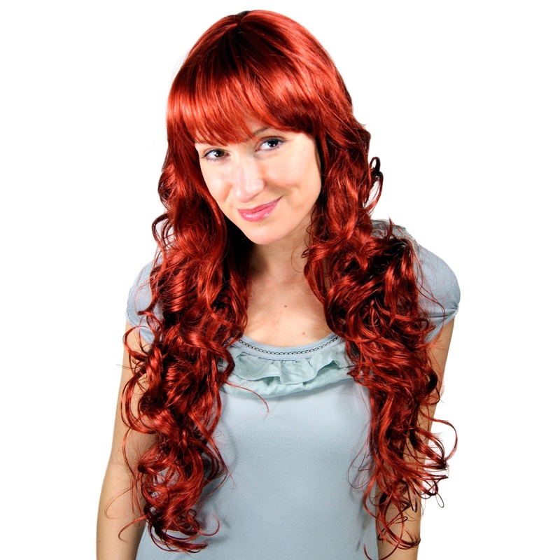 Lady women wig very long voluminous dark red curls curled curly fringe 4306