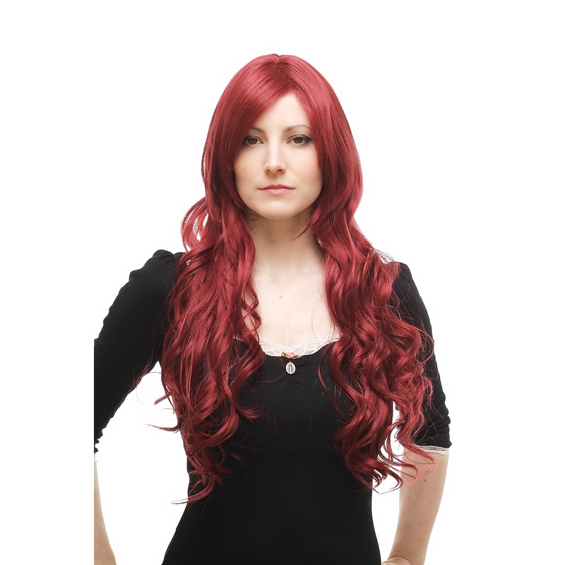 Lady women wig very long wavy waved side parting garnet aubergine red 9321L