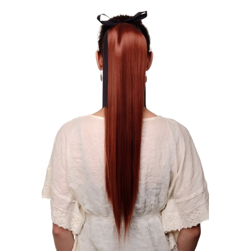 Ponytail comb & ribbon wrap-around hair extension long straight copper red C9429