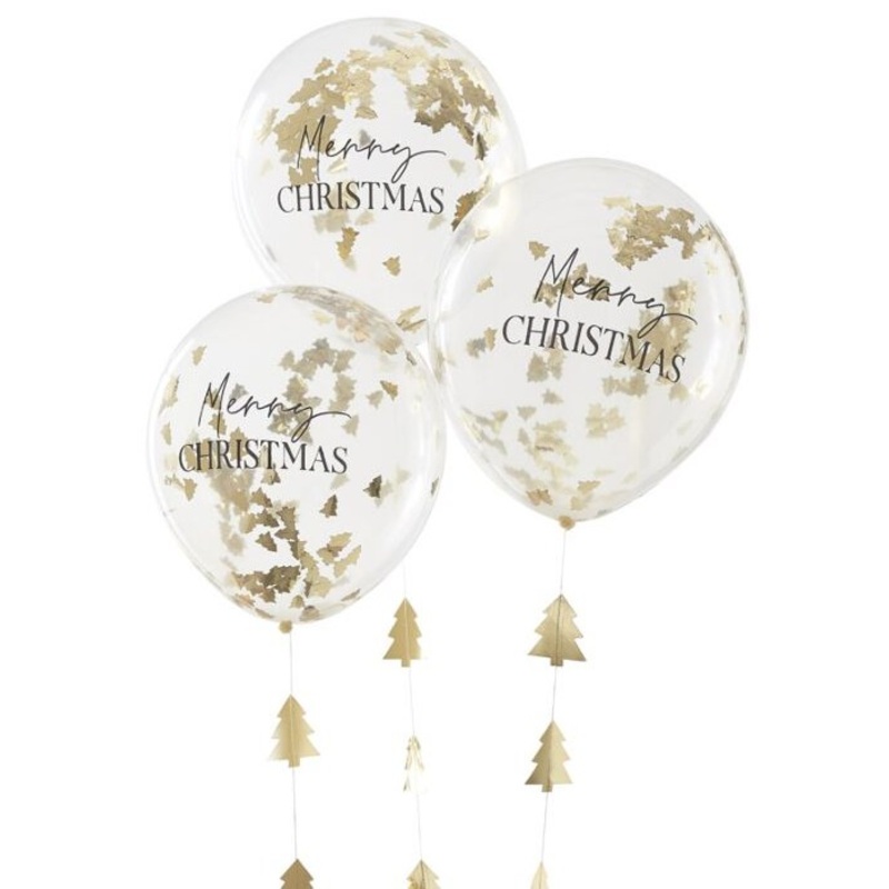 3 golden Christmas balloons with pendants
