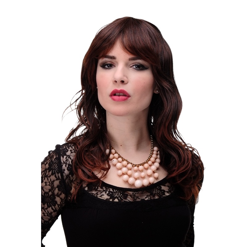 Lady women wig wavy stringy wet look fringe bangs parted mahogany brown 5019