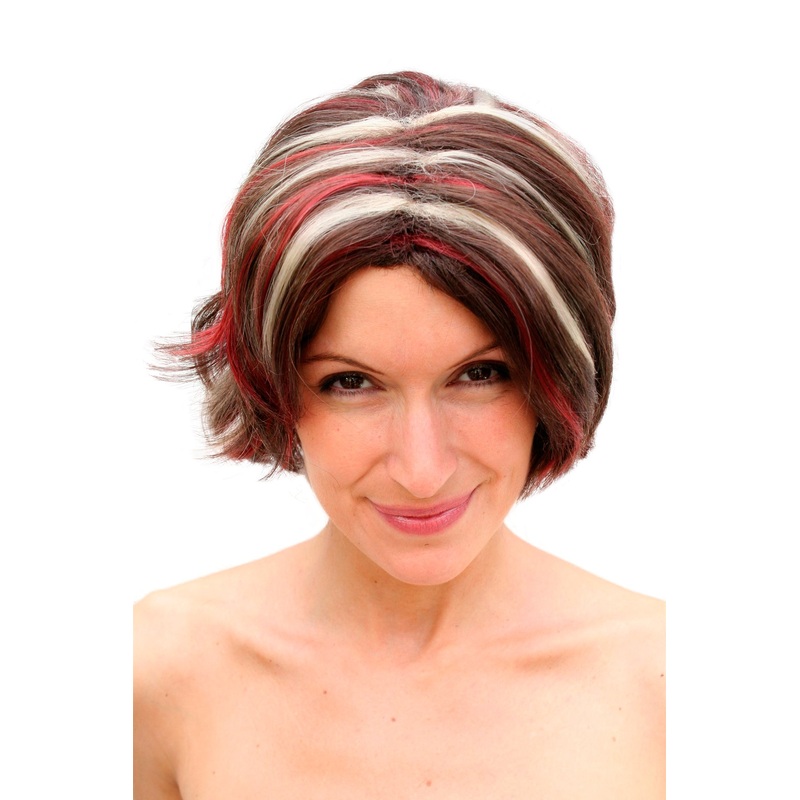 Party Lady Wig Bob short middle parting brown & red & grey strands Witch Vamp diva PW0204