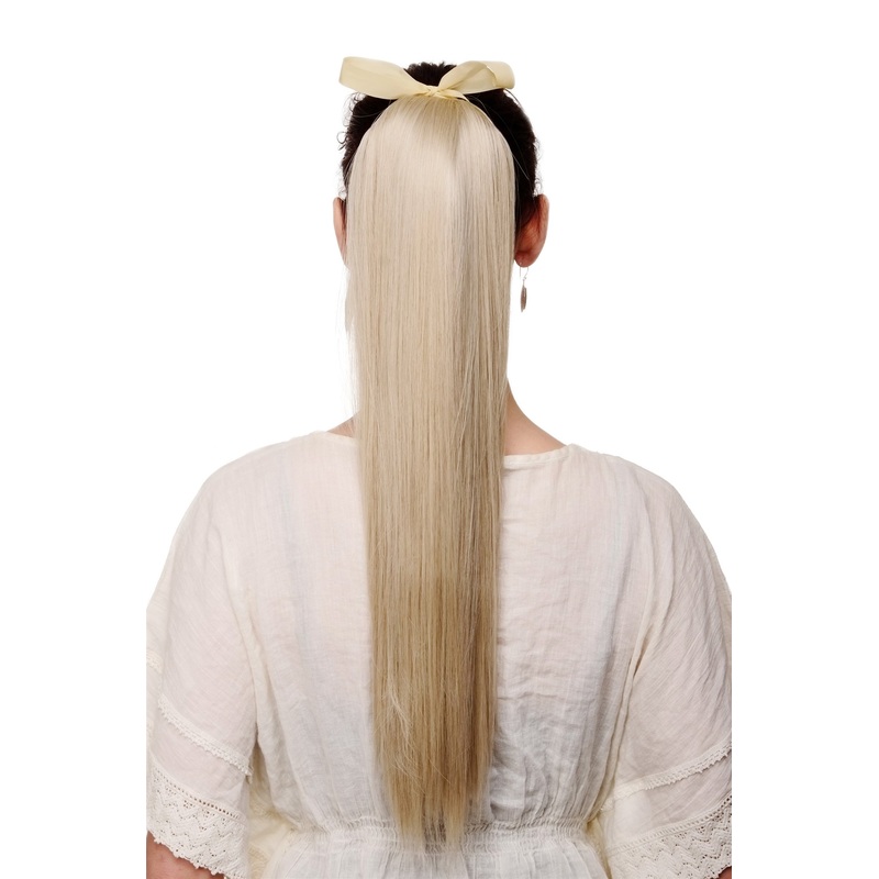 Ponytail comb & ribbon wrap-around hair extension long straight blonde C9429