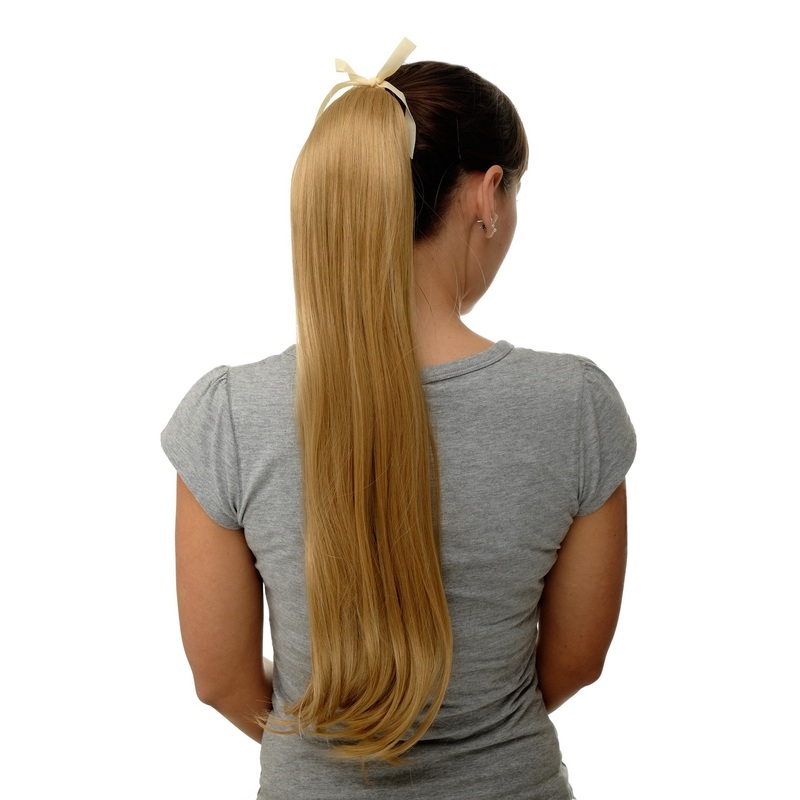Hairpiece Ponytail comb ribbon wrap-around long straight gold blonde D13001
