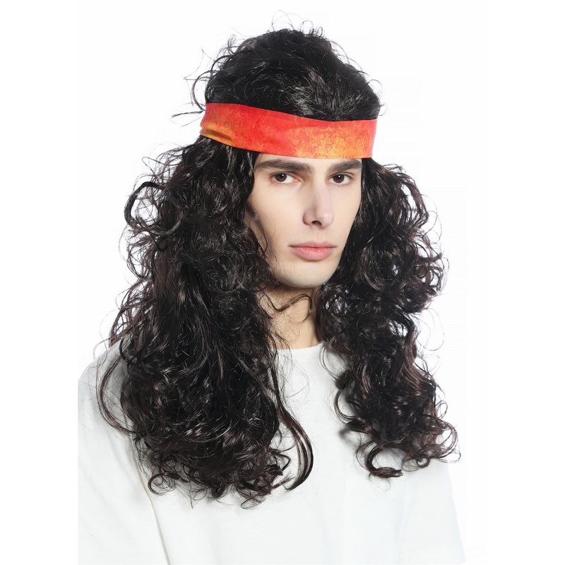 Halloween wig headband set long voluminous brown curled Hippie 70s retro CW-027
